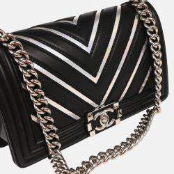 Pre Owned Boy Chanel Black Calfskin Chevron Medium Shoulder Bag