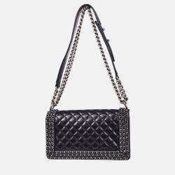 Pre Owned Boy Chanel Dark Navy Calfskin Medium Shoulder Bag