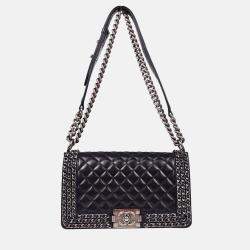 Pre Owned Boy Chanel Dark Navy Calfskin Medium Shoulder Bag