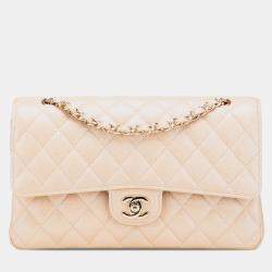 Pre Owned Chanel Beige Medium Classic Iridescent Caviar Double Flap Bag