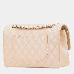 Pre Owned Chanel Beige Medium Classic Iridescent Caviar Double Flap Bag