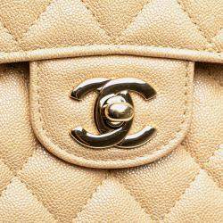 Pre Owned Chanel Beige Medium Classic Iridescent Caviar Double Flap Bag