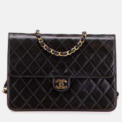 Pre Owned Chanel Black Medium CC Quilted Lambskin Half Single Flap