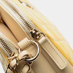 Pre Owned Chanel Yellow Quilted Patent Chain Double Zip Crossbody
