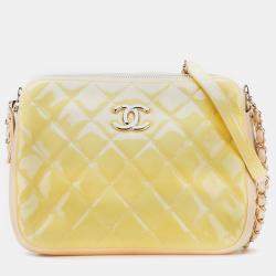 Pre Owned Chanel Yellow Quilted Patent Chain Double Zip Crossbody