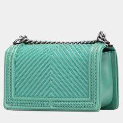 Pre Owned Chanel Green New Medium Braided Chevron Lambskin Boy Flap