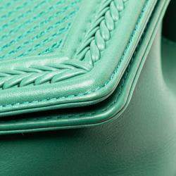 Pre Owned Chanel Green New Medium Braided Chevron Lambskin Boy Flap