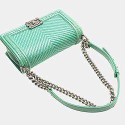 Pre Owned Chanel Green New Medium Braided Chevron Lambskin Boy Flap