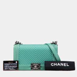 Pre Owned Chanel Green New Medium Braided Chevron Lambskin Boy Flap