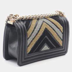 Pre Owned Chanel Boy Small Black Leather Fabric Shoulder Bag