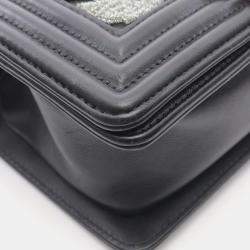 Pre Owned Chanel Boy Small Black Leather Fabric Shoulder Bag