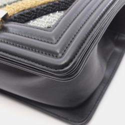 Pre Owned Chanel Boy Small Black Leather Fabric Shoulder Bag