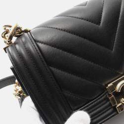 Pre Owned Chanel Boy Small Chevron V Stitch Black Leather Shoulder Bag