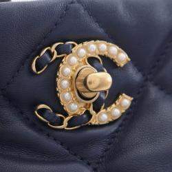 Pre Owned Chanel CC Pearl Multi Chain Navy Lambskin Leather Shoulder Bag