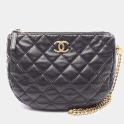 Pre Owned Chanel Matelasse Small Hobo Chain Shoulder Bag Lamb Sheep Leather Black Ghw