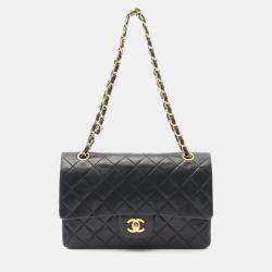 Pre Owned Chanel Matelasse Double Flap Chain Shoulder Bag  Lambskin Black Ghw