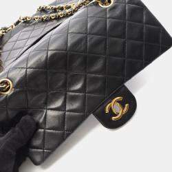 Pre Owned Chanel Matelasse Double Flap Chain Shoulder Bag  Lambskin Black Ghw