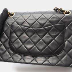 Pre Owned Chanel Matelasse Double Flap Chain Shoulder Bag  Lambskin Black Ghw