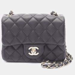 Pre Owned Chanel Mini Matelasse Chain Shoulder Bag  Lamb Leather Black Ghw Cc