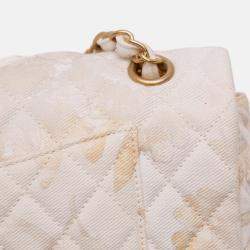 Pre Owned Chanel Beige Medium Classic Printed Denim Floral Double Flap