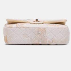 Pre Owned Chanel Beige Medium Classic Printed Denim Floral Double Flap