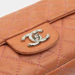 Pre Owned Chanel Orange Classic Lambskin East West Single Flap