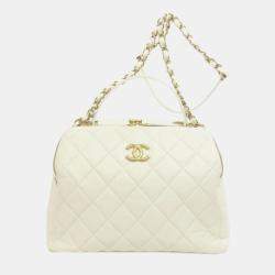 Pre Owned Chanel Cube Vanity White Leather Shoulder Bag 