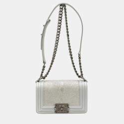 Pre Owned Chanel Boy Metallic Silver Leather Shoulder Bag