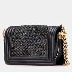 Pre Owned Chanel Small Braided Black Sheepskin Boy Flap