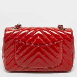 Pre Owned Chanel Red Chevron Patent Leather New Mini Classic Flap Bag