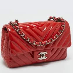 Pre Owned Chanel Red Chevron Patent Leather New Mini Classic Flap Bag