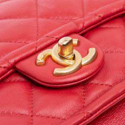 Pre Owned Chanel Red Small Quilted Lambskin Chain Link Flap Bag