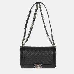 Pre Owned Chanel Black Quilted Caviar Medium Boy Handbag