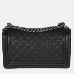 Pre Owned Chanel Black Quilted Caviar Medium Boy Handbag