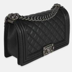 Pre Owned Chanel Black Quilted Caviar Medium Boy Handbag