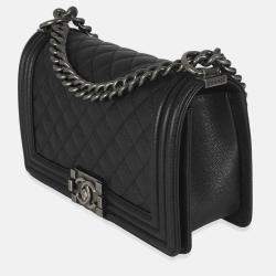 Pre Owned Chanel Black Quilted Caviar Medium Boy Handbag