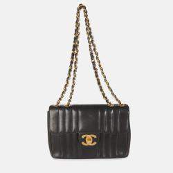 Pre Owned Chanel Vintage Black Lambskin Vertical Stitch Jumbo XL Flap Bag