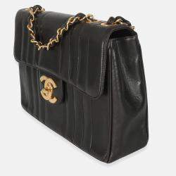 Pre Owned Chanel Vintage Black Lambskin Vertical Stitch Jumbo XL Flap Bag