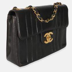 Pre Owned Chanel Vintage Black Lambskin Vertical Stitch Jumbo XL Flap Bag