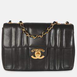 Pre Owned Chanel Vintage Black Lambskin Vertical Stitch Jumbo XL Flap Bag