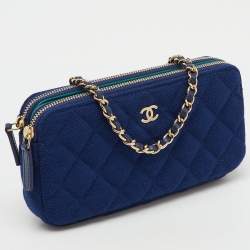 Pre Owned Chanel Blue Quilted Fabric Double Zip WOC Crossbody Bag
