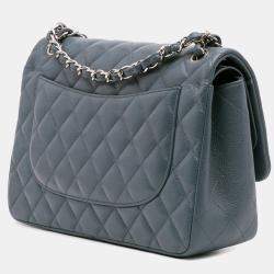 Pre Owned Chanel Blue Jumbo Classic Caviar Double Flap