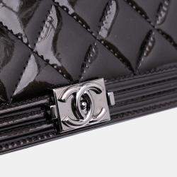 Pre Owned Chanel Boy Quilted Black Patent Leather Long Wallet