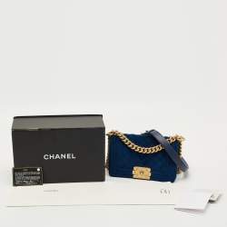 Pre Owned Chanel Blue Quilted Velvet Small Boy Flap Bag