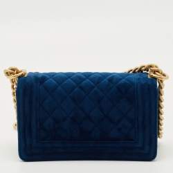 Pre Owned Chanel Blue Quilted Velvet Small Boy Flap Bag