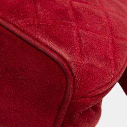 Pre Owned Chanel Red Quilted Suede Metal Frame Handbag