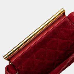 Pre Owned Chanel Red Quilted Suede Metal Frame Handbag