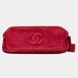 Pre Owned Chanel Red Quilted Suede Metal Frame Handbag