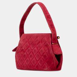 Pre Owned Chanel Red Quilted Suede Metal Frame Handbag