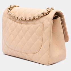 Pre Owned Chanel Beige Jumbo Classic Caviar Double Flap